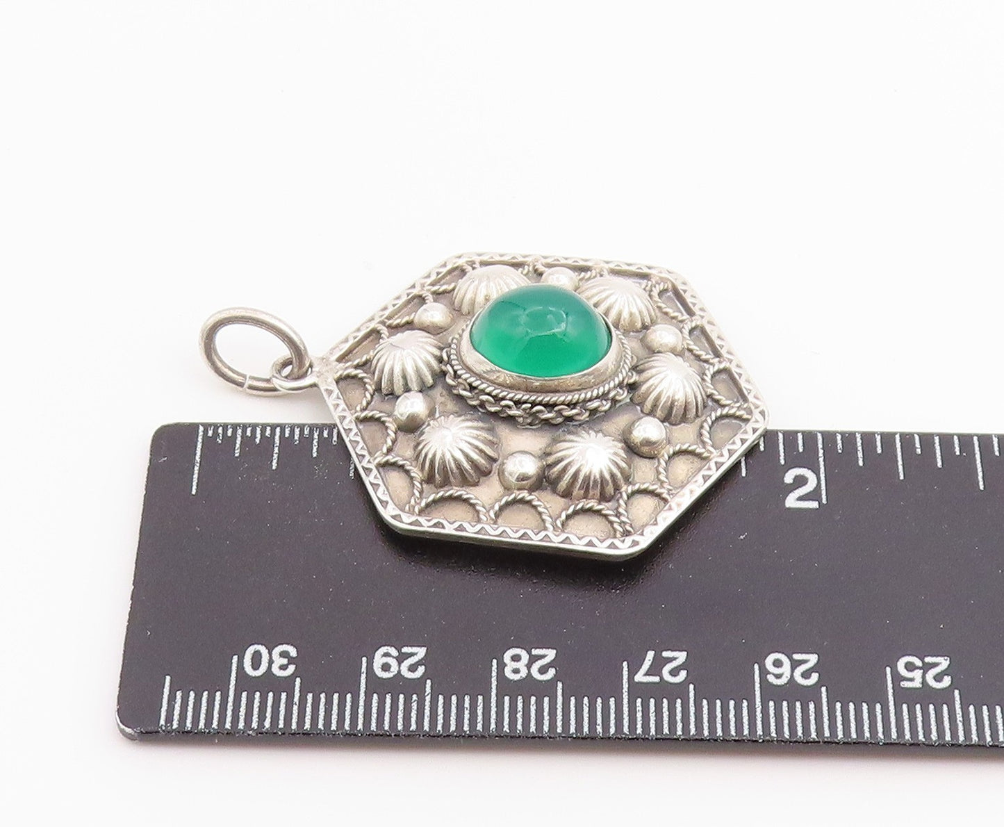 925 Sterling Silver Vintage Pendant Chalcedony Geometric Hexagon Charm  PT26532