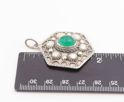 925 Sterling Silver Vintage Pendant Chalcedony Geometric Hexagon Charm  PT26532