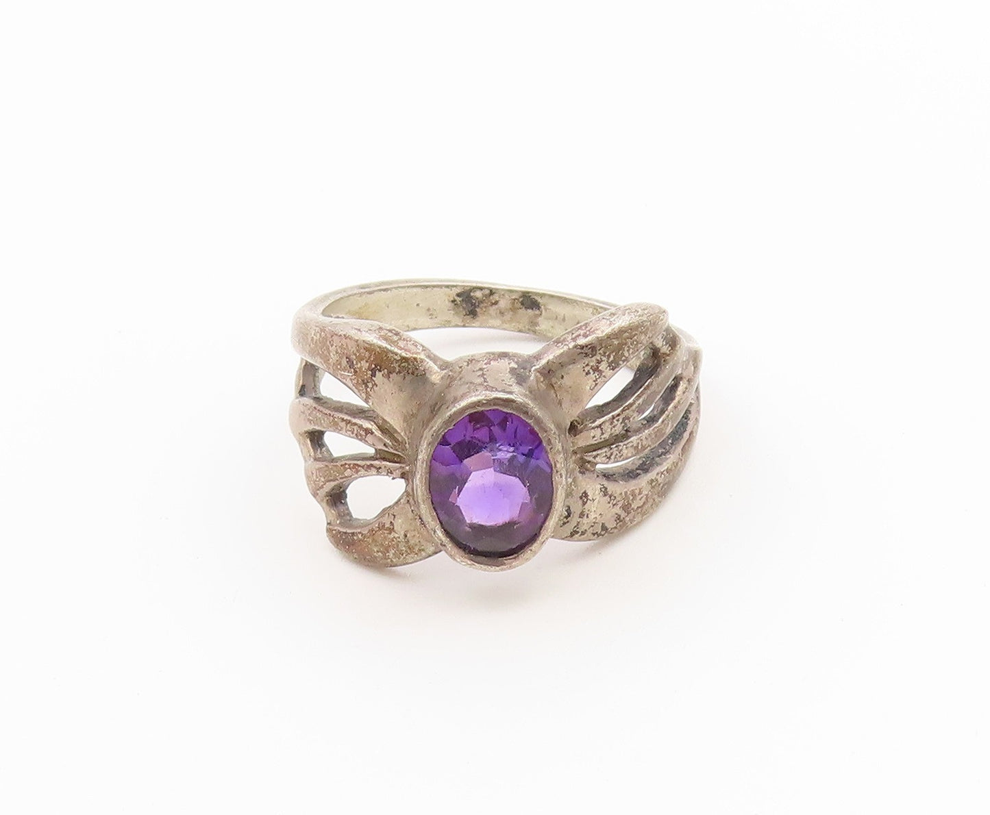 925 Sterling Silver Vintage Ring Oval Cut Amethyst Openwork Band  Sz 7  RG36880