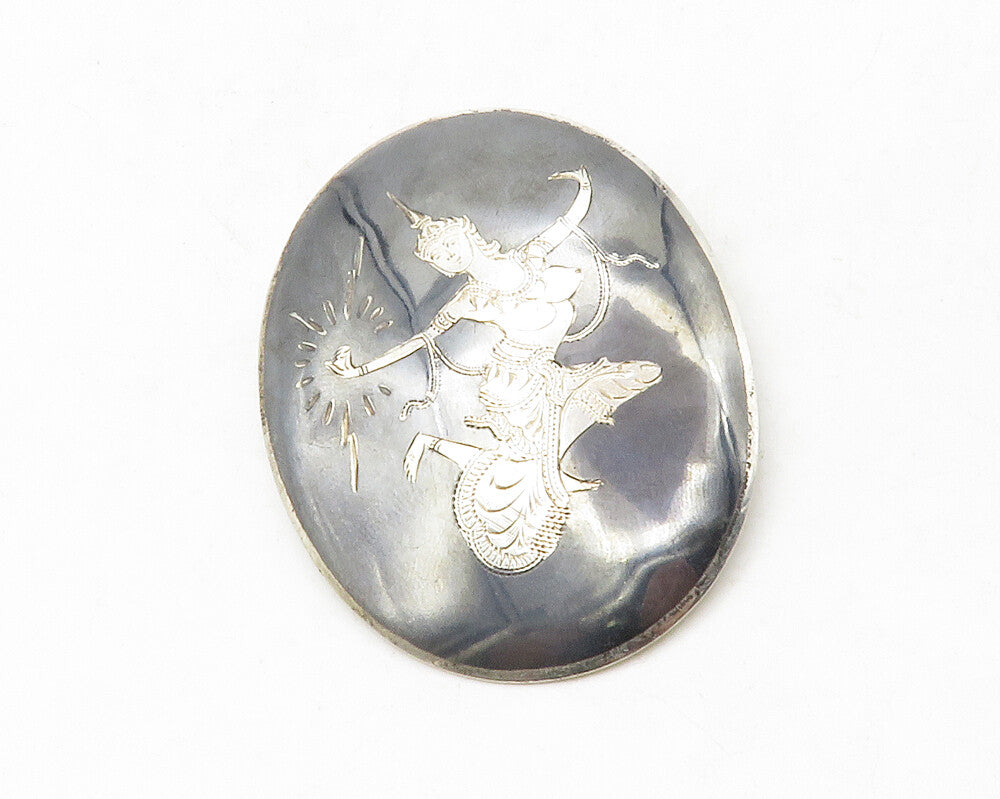 SIAM 925 Sterling Silver  Vintage Enamel Niello Dancer Oval Brooch Pin  BP5081