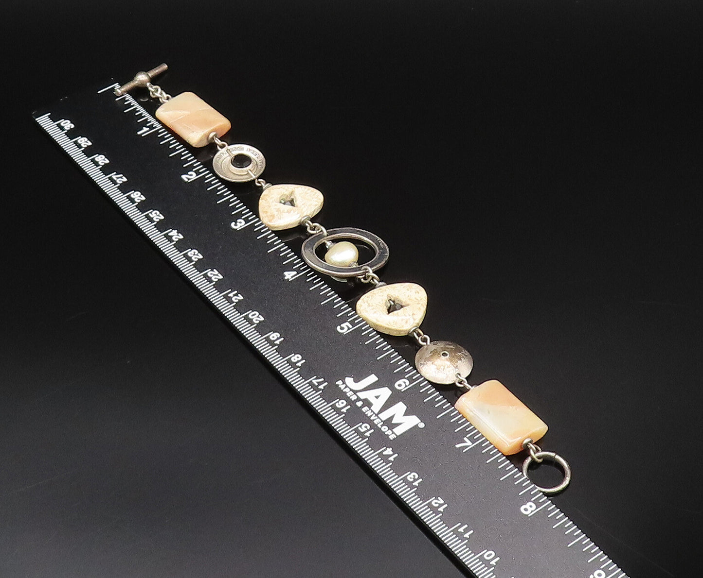 925 Silver  Vintage Mother Of Pearl Black Spinel & Agate Chain Bracelet BT9675