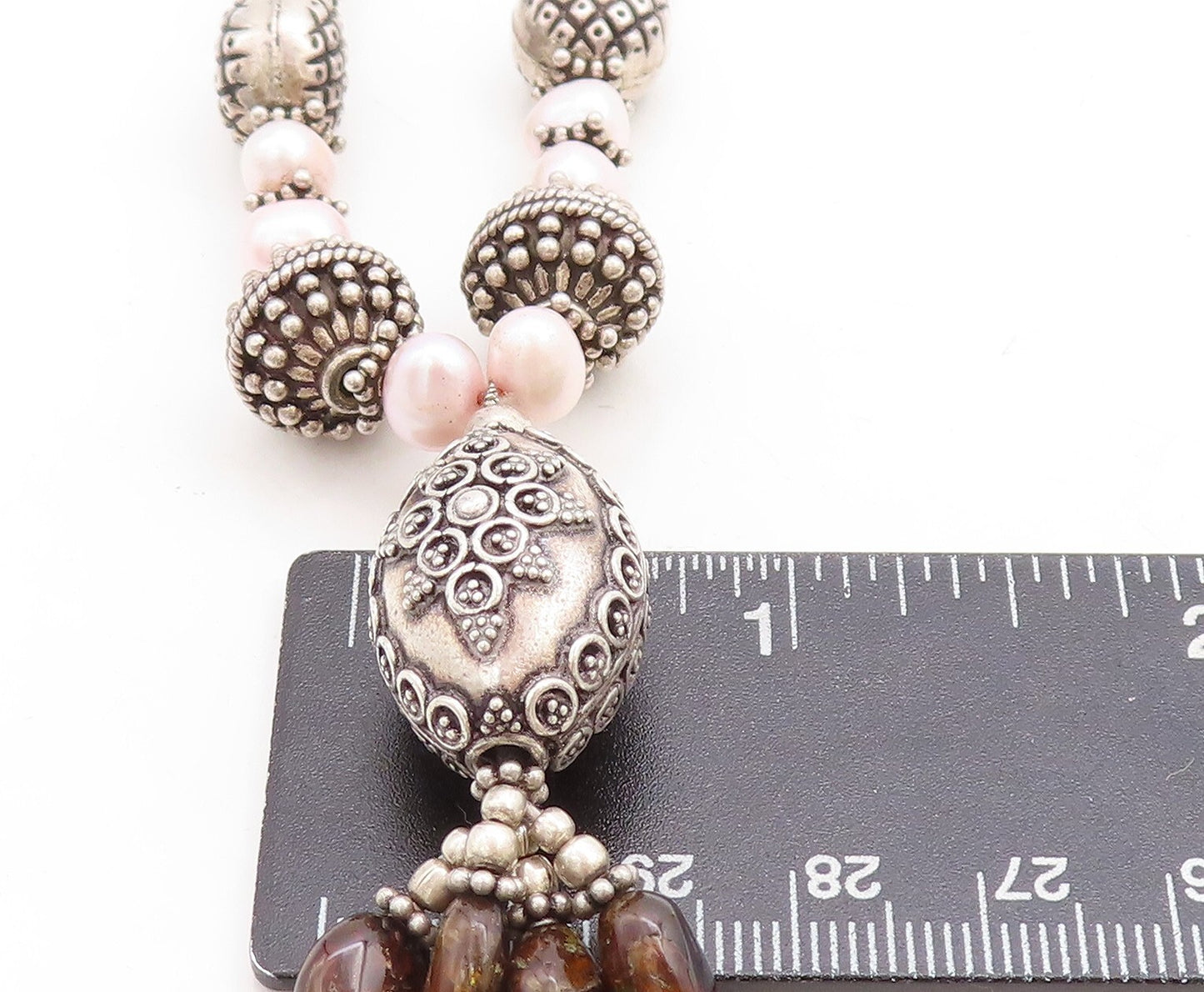 925 Sterling Silver  Vintage Pearls Agate & Amethyst Chain Necklace  NE1655