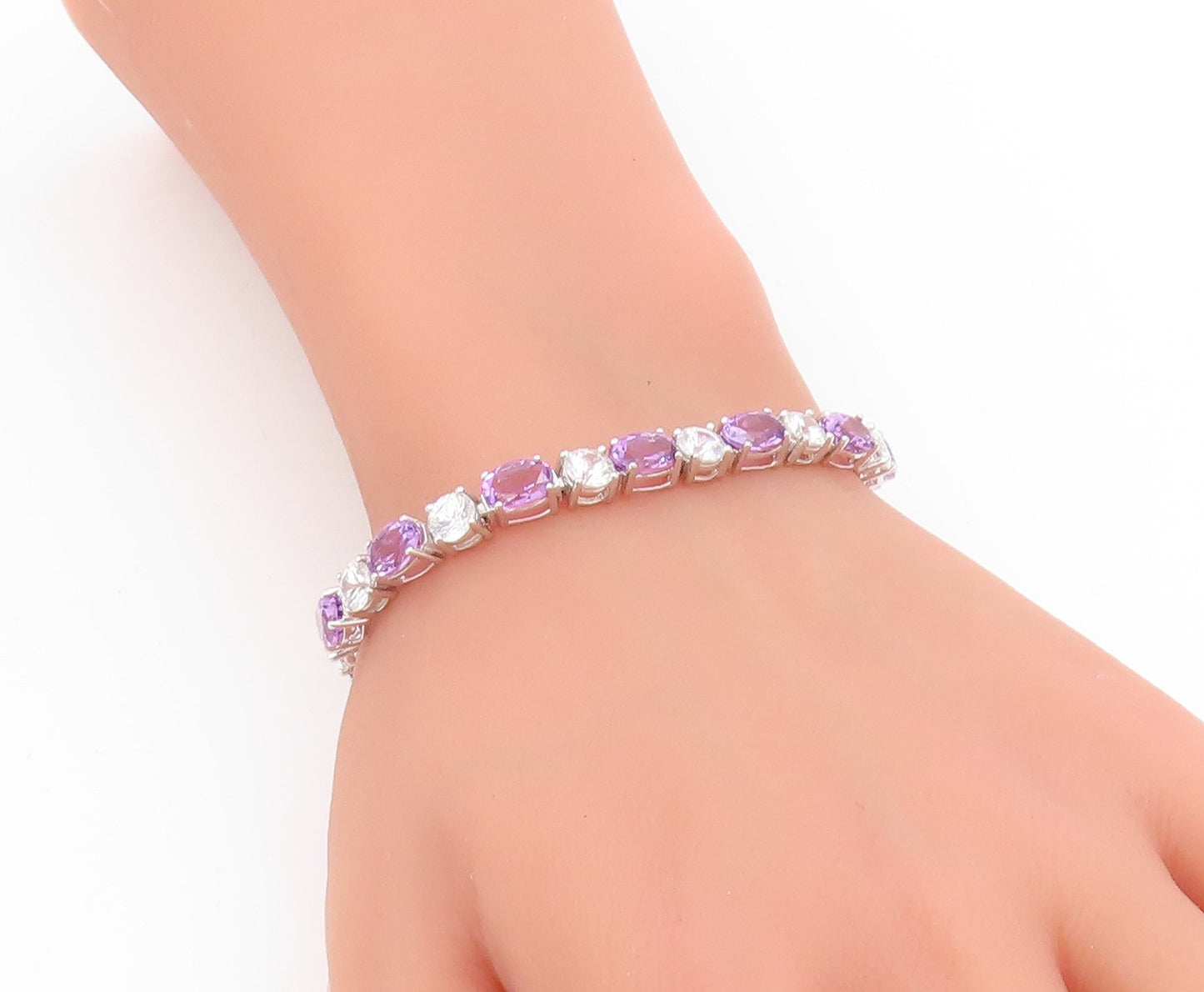 925 Sterling Silver Vintage Bracelet Amethyst & Topaz Tennis Link Chain  BT11750