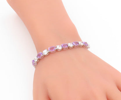 925 Sterling Silver Vintage Bracelet Amethyst & Topaz Tennis Link Chain  BT11750