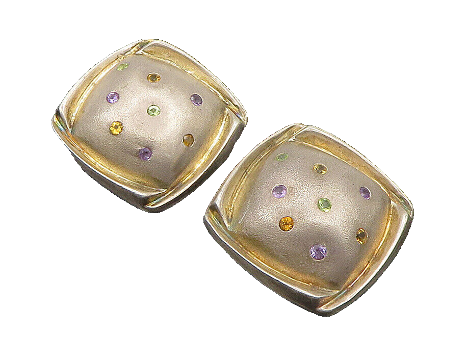 925 Silver  Vintage Amethyst Citrine & Peridot Non Pierce Earrings  EG11514