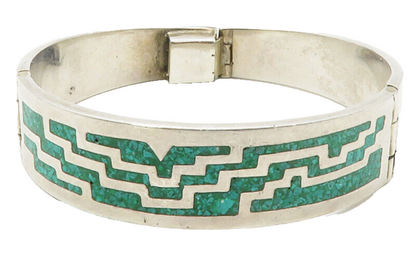 MEXICO 925 Sterling Silver  Vintage Turquoise Inlay Bangle Bracelet  BT5460