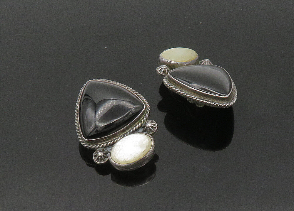 REVE 925 Silver  Vintage Onyx & Mother Of Pearl Non  Pierce Earrings  EG10289