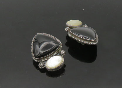 REVE 925 Silver  Vintage Onyx & Mother Of Pearl Non  Pierce Earrings  EG10289