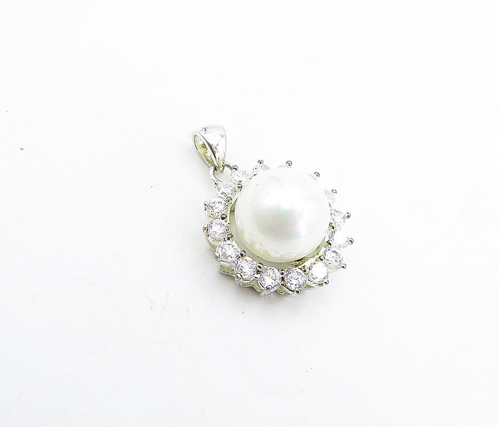 925 Sterling Silver  Freshwater Pearl & Cubic Zirconia Drop Pendant  PT3309