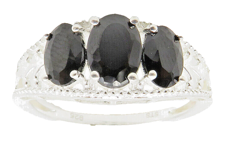 925 Sterling Silver  Prong Set Sapphire 3 Stone Shiny Band Ring Sz 8  RG13994