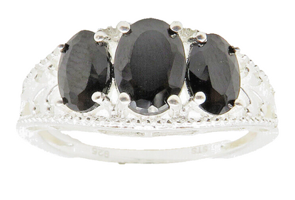 925 Sterling Silver  Prong Set Sapphire 3 Stone Shiny Band Ring Sz 8  RG13994