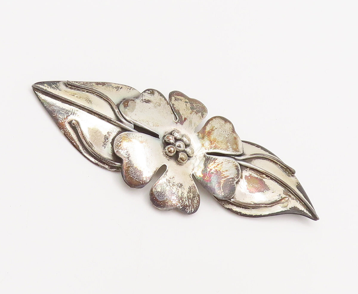 925 Sterling Silver  Vintage Designer Beaded Flower & Leaf Brooch Pin  BP10421