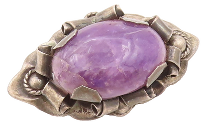 925 Sterling Silver Vintage Brooch MEXICO Oval Amethyst Antique Flower  BP11538