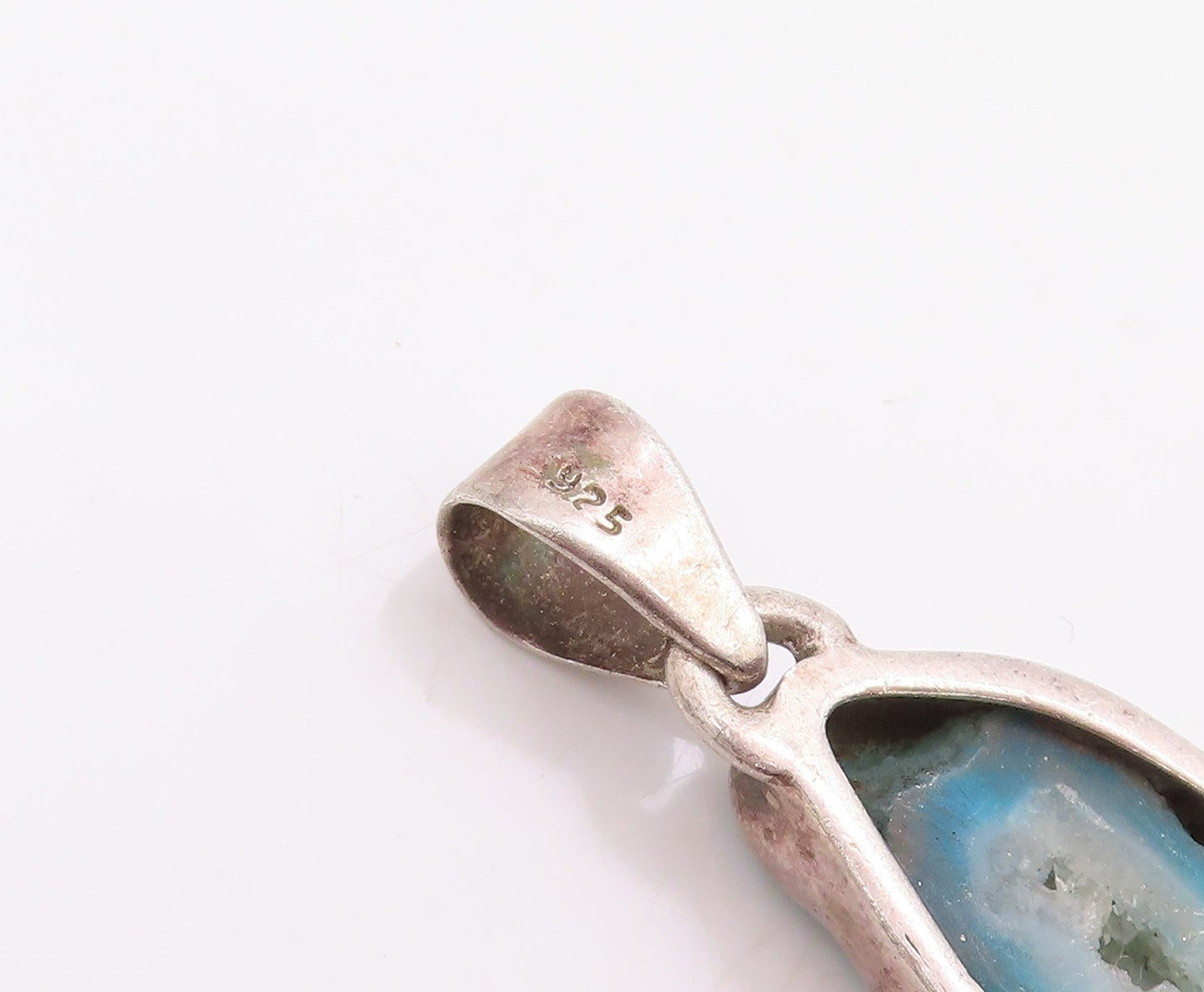 925 Sterling Silver Vintage Pendant Modernist Blue Drusy Quartz Charm  PT25788