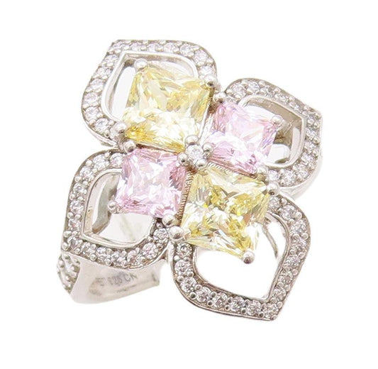 925 Sterling Silver Vintage Ring Multicolor Floral Inlay CZ Sz 6.5 RG28533