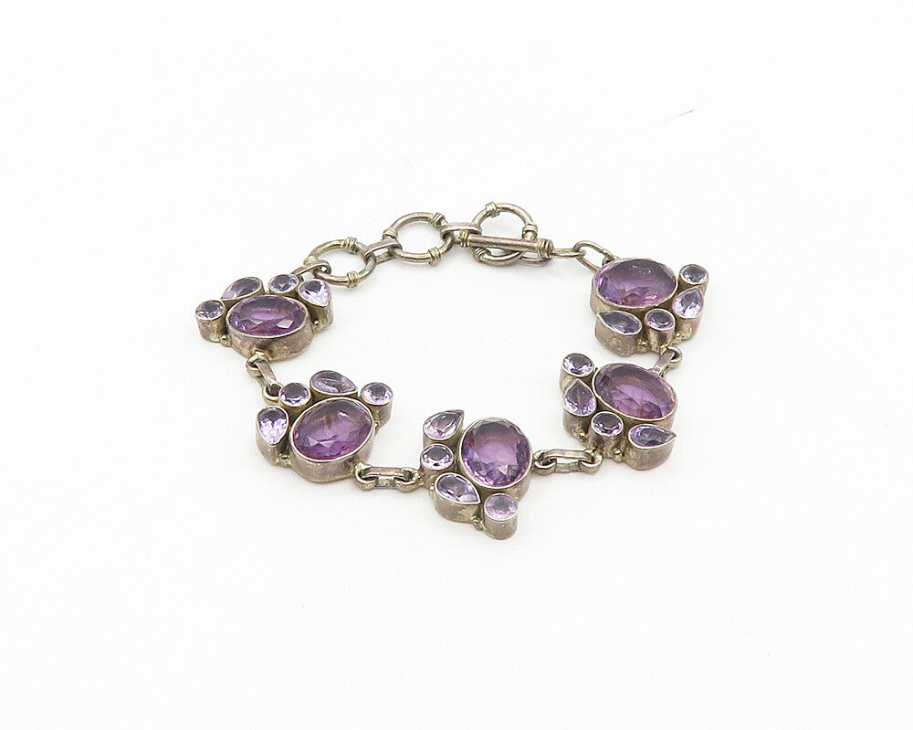 925 Sterling Silver Vintage Multi Shape Amethyst Chain Bracelet BT7010