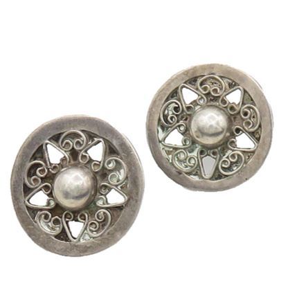 MEXICO 925 Silver  Vintage Pretzel Swirl Floral Non Pierce Earrings  EG9742