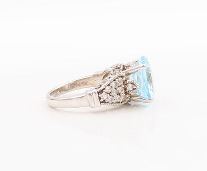 925 Sterling Silver Vintage Ring Floral Carved Blue & White Topaz  Sz 7  RG29648