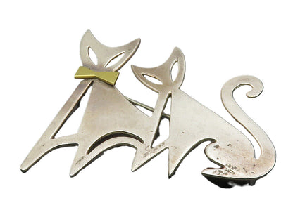 MEXICO 925 Sterling Silver  Vintage 2 Tone Triple Cat Motif Brooch Pin  BP4626