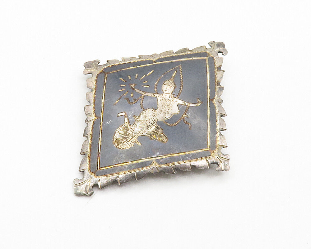 SIAM 925 Sterling Silver  Vintage Enamel Niello Dancer Brooch Pin  BP5671