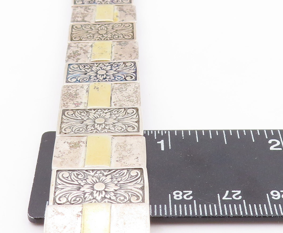 14k Gold 925 Sterling Silver Vintage Bracelet ISRAEL Floral Design  BT11044