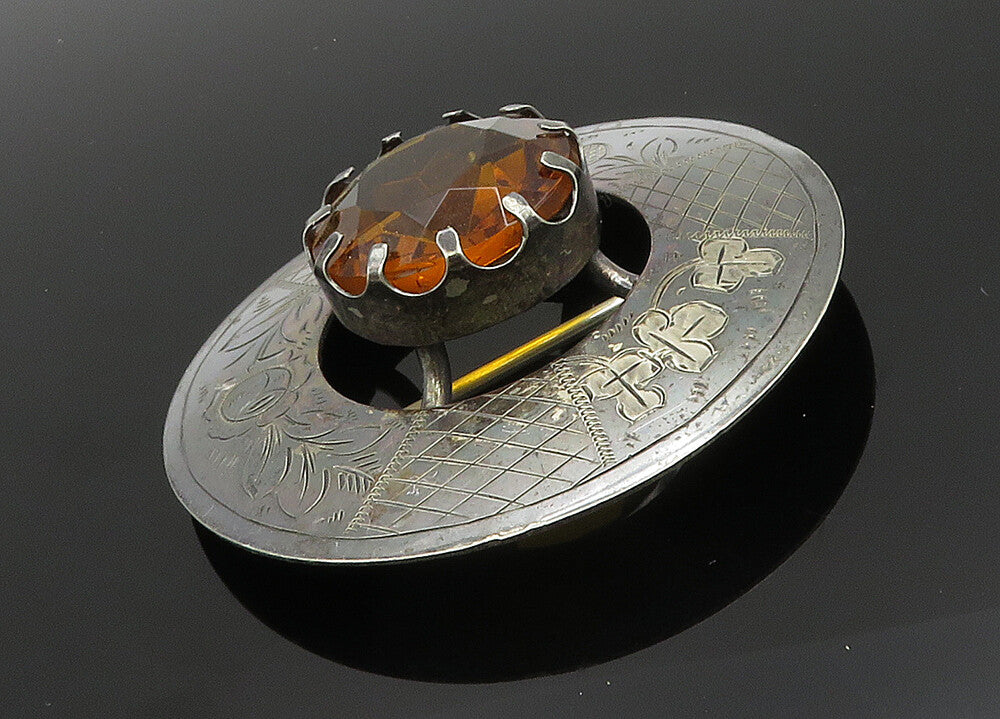 925 Silver  Vintage Faceted Citrine Floral Etched Detail Brooch Pin  BP7850
