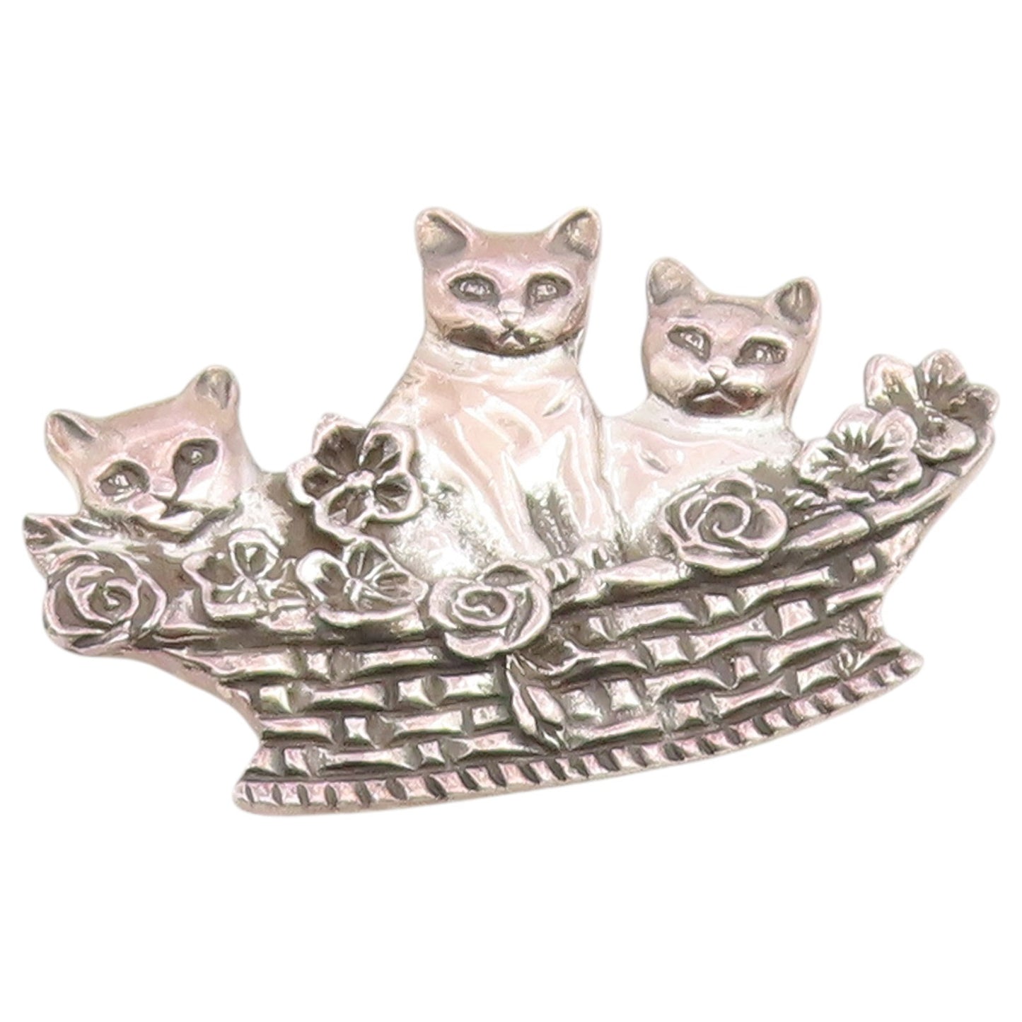 925 Sterling Silver Vintage Brooch Pin Kittens In Woven Flower Basket  BP12655