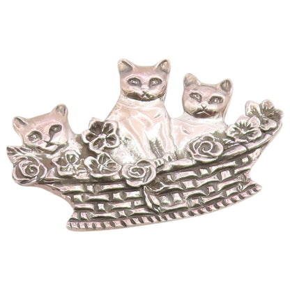 925 Sterling Silver Vintage Brooch Pin Kittens In Woven Flower Basket  BP12655