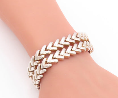 925 Sterling Silver Vintage Bracelet Woven Effect Cutout V Double Band  BT11267