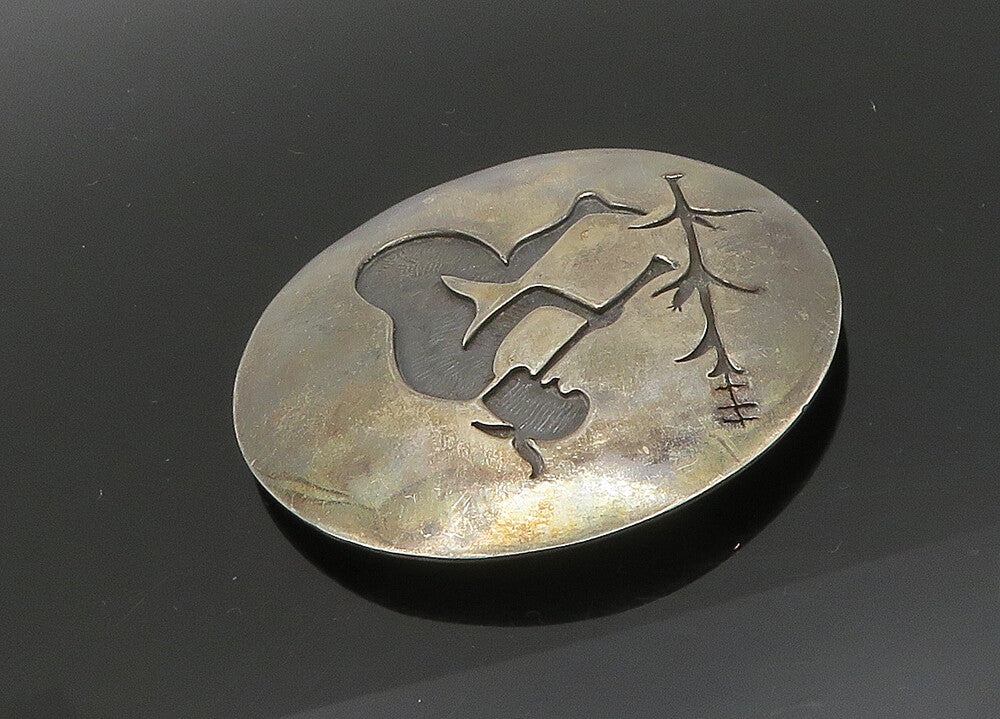 NAVAJO 925 Silver  Vintage Large Heavy Flute Player Oxidized Brooch Pin BP8193