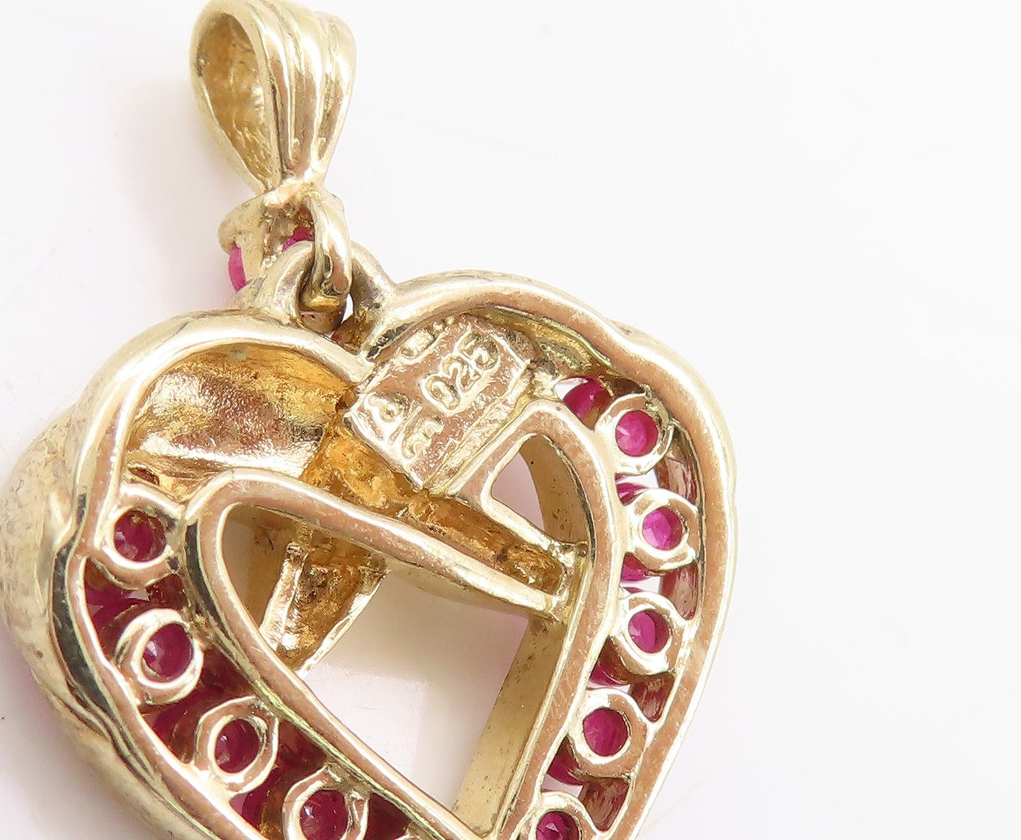 925 Sterling Silver Vintage Pendant Gold Plated Ruby Love Heart Charm  PT25104