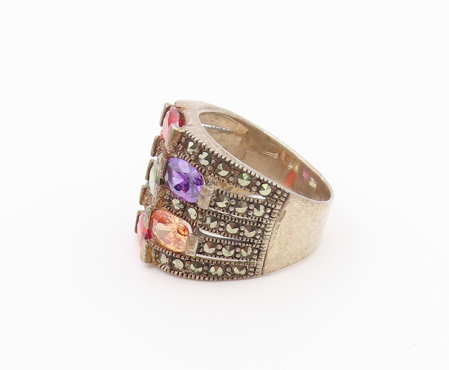925 Sterling Silver Vintage Ring Multi Gemstone Statement Band  Sz 9  RG36558