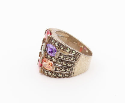 925 Sterling Silver Vintage Ring Multi Gemstone Statement Band  Sz 9  RG36558