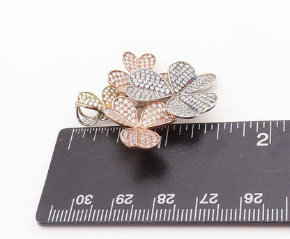 925 Sterling Silver Vintage Pendant 3 Tone Gold Plated CZ Flowers  PT24543