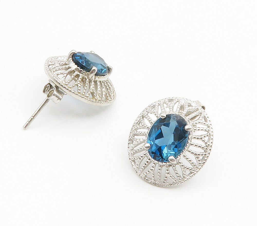 925 Sterling Silver  Shiny Blue Topaz Floral Dome Drop Earrings  EG7575