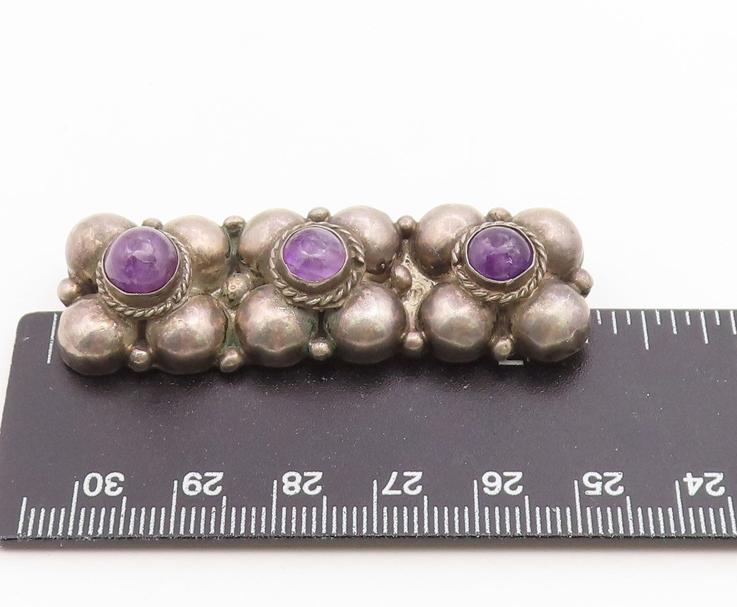 925 Sterling Silver Vintage Brooch Pin Cabochon Amethyst Floral Motif  BP12652