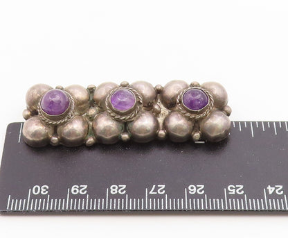925 Sterling Silver Vintage Brooch Pin Cabochon Amethyst Floral Motif  BP12652