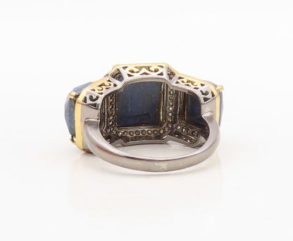 925 Sterling Silver Vintage Ring Diamonds & Rectangle Blue Gemstone Sz 8 RG30323