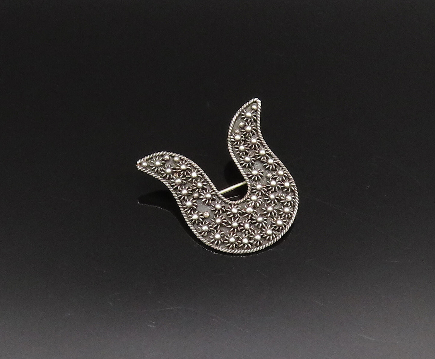 925 Silver  Vintage Twisted Rope Border Floral Beaded Curved Brooch Pin BP9825