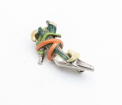 925 Sterling Silver  Vintage Enamel Floral Vine Wrapped Shoe Brooch Pin BP2208