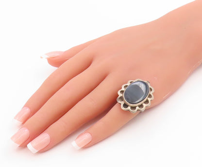 925 Sterling Silver Vintage Ring Cabochon Onyx Floral Cutout  Sz 5.5  RG35755