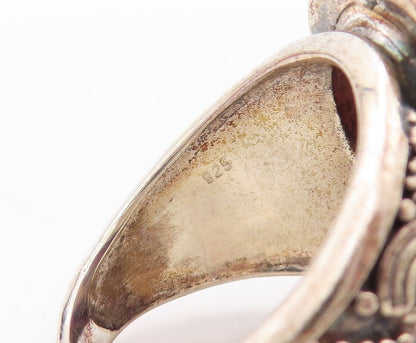 925 Sterling Silver Vintage Ring Oval Red Gemstone Halo Beaded  Sz 8.5  RG30201