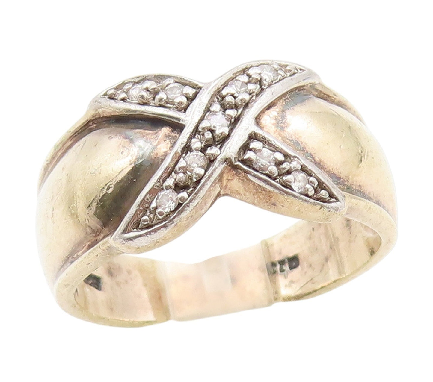 925 Sterling Silver Vintage Ring Two Tone Real Diamonds Crisscross Sz 7 RG34326