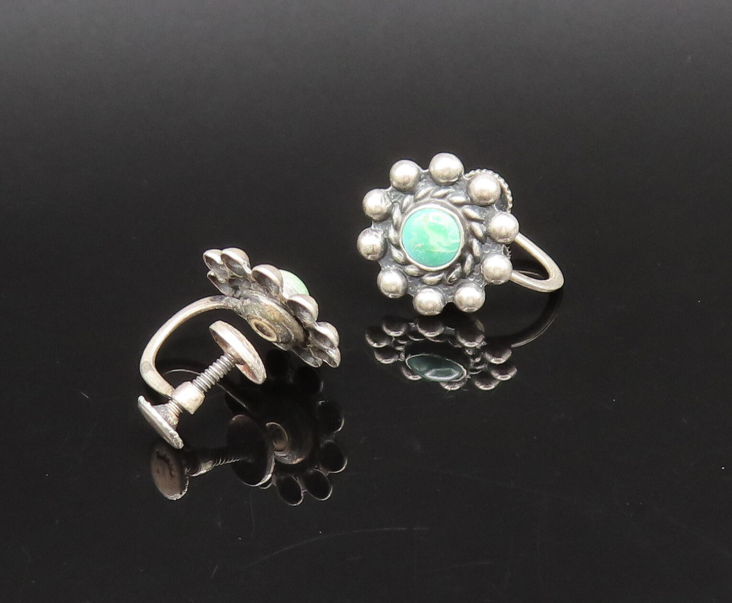 925 Silver  Vintage Green Turquoise Beaded Flower Screw Back Earrings  EG12277