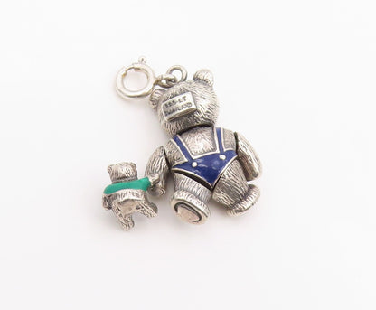 925 Sterling Silver Vintage Pendant Enamel Teddy Bear With Teddy MOVES  PT25954