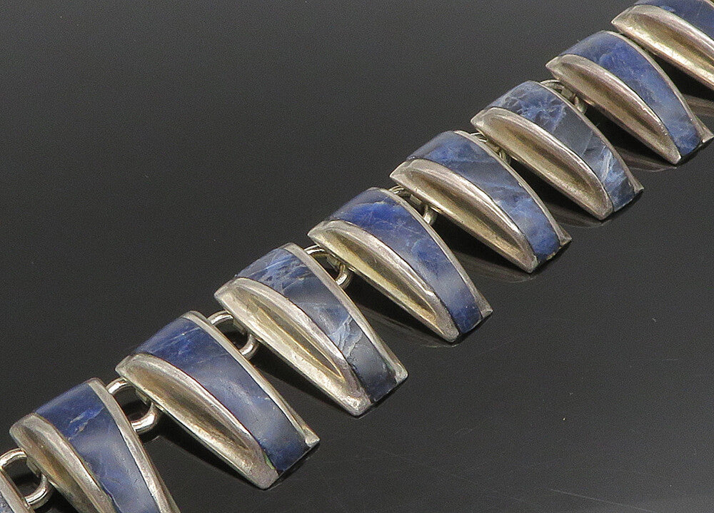 MEXICO 925 Sterling Silver Vintage Inlaid Stone Solid Chain Necklace  NE3751