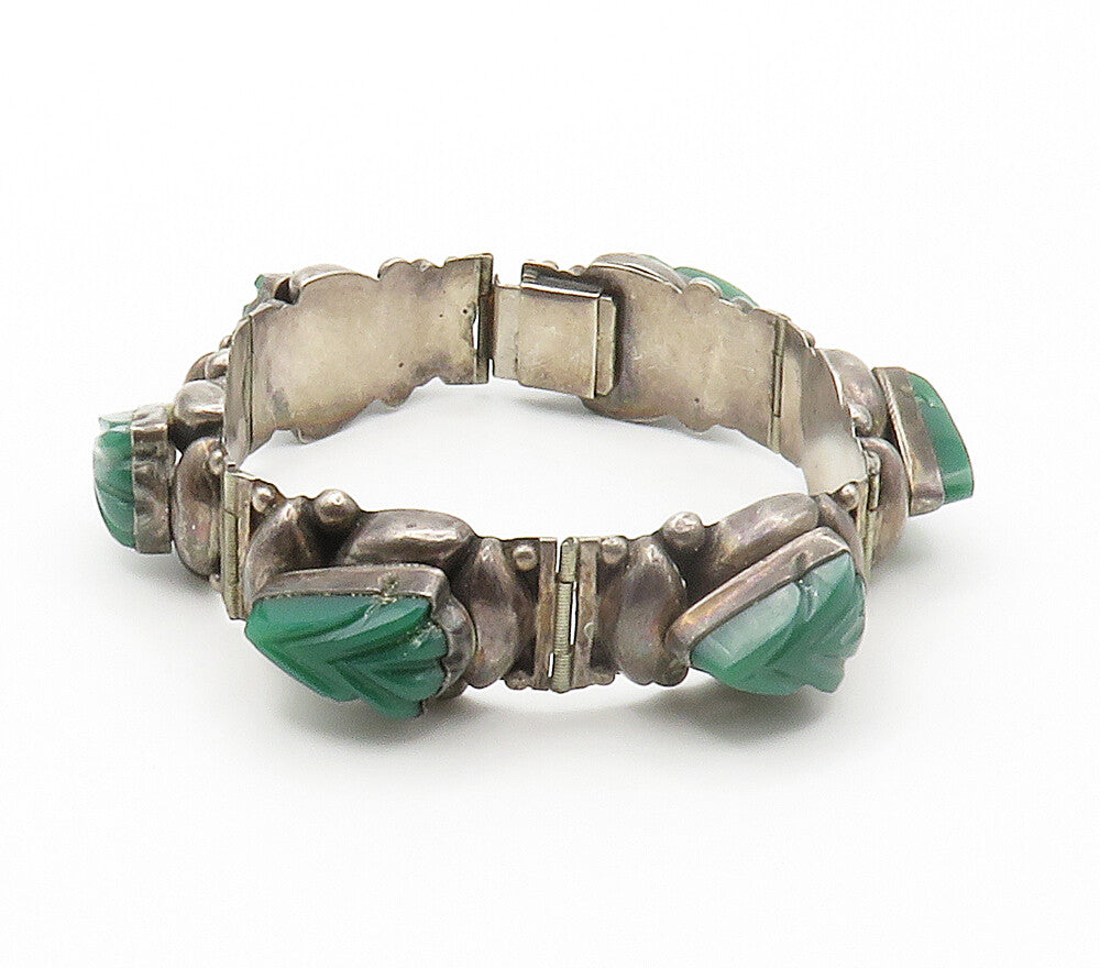 925 Sterling Silver  Vintage Green Onyx Carved Hinge Chain Bracelet  BT5943