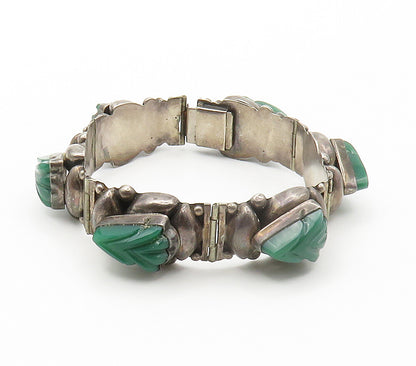 925 Sterling Silver  Vintage Green Onyx Carved Hinge Chain Bracelet  BT5943