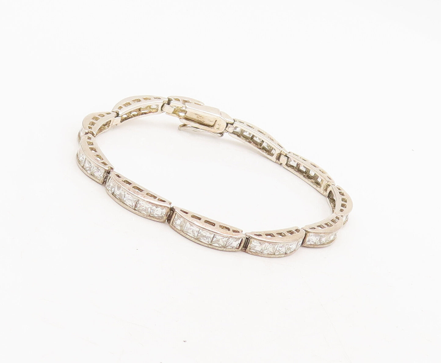 925 Sterling Silver Vintage Bracelet Carved Domed Inlay CZ Row Band Link BT10245
