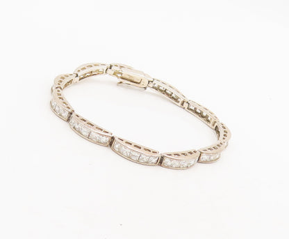 925 Sterling Silver Vintage Bracelet Carved Domed Inlay CZ Row Band Link BT10245